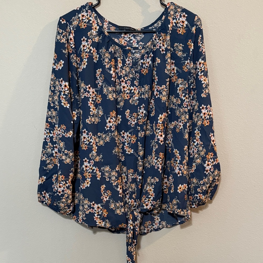 West Kei Navy Floral Tie-Front Blouse